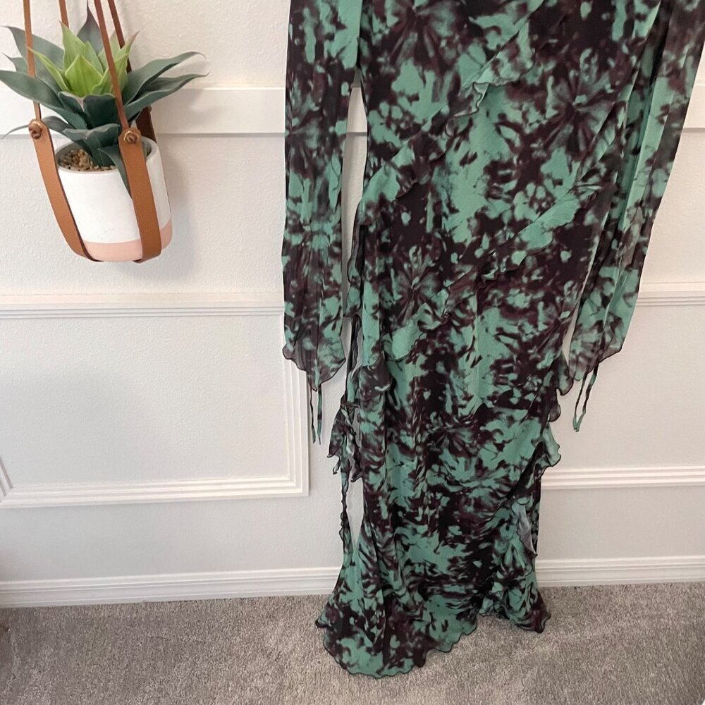 Daska Tiered Chiffon Dress in Green Print Long Sleeve Size UK L Dark Romantic - Picture 3 of 10